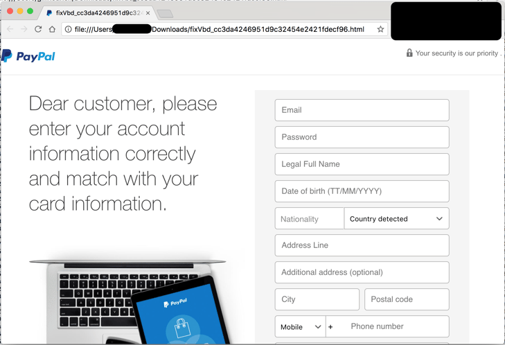 Fake PayPal website displaying forged PayPal login