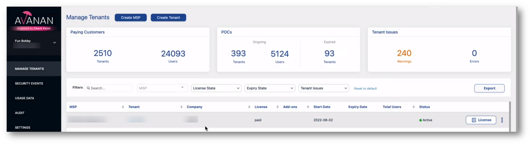 MSP Portal - Manage Tenants