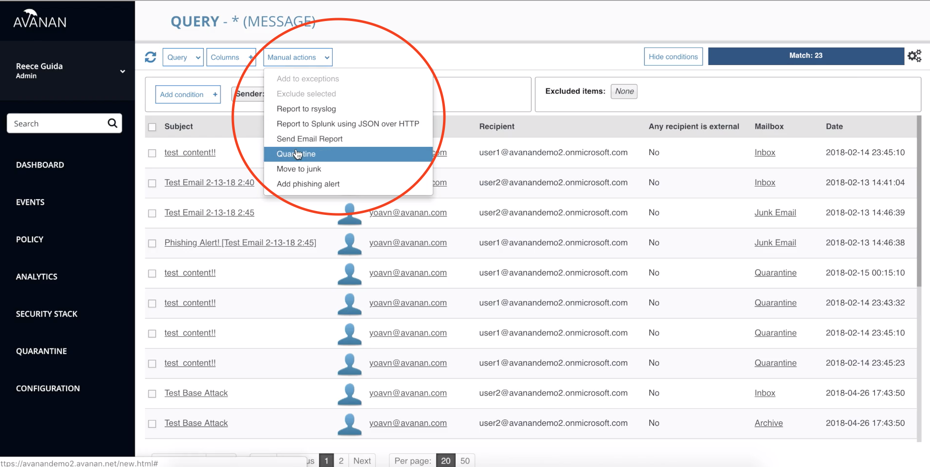 quarantine emails in Office 365 from a compromised account