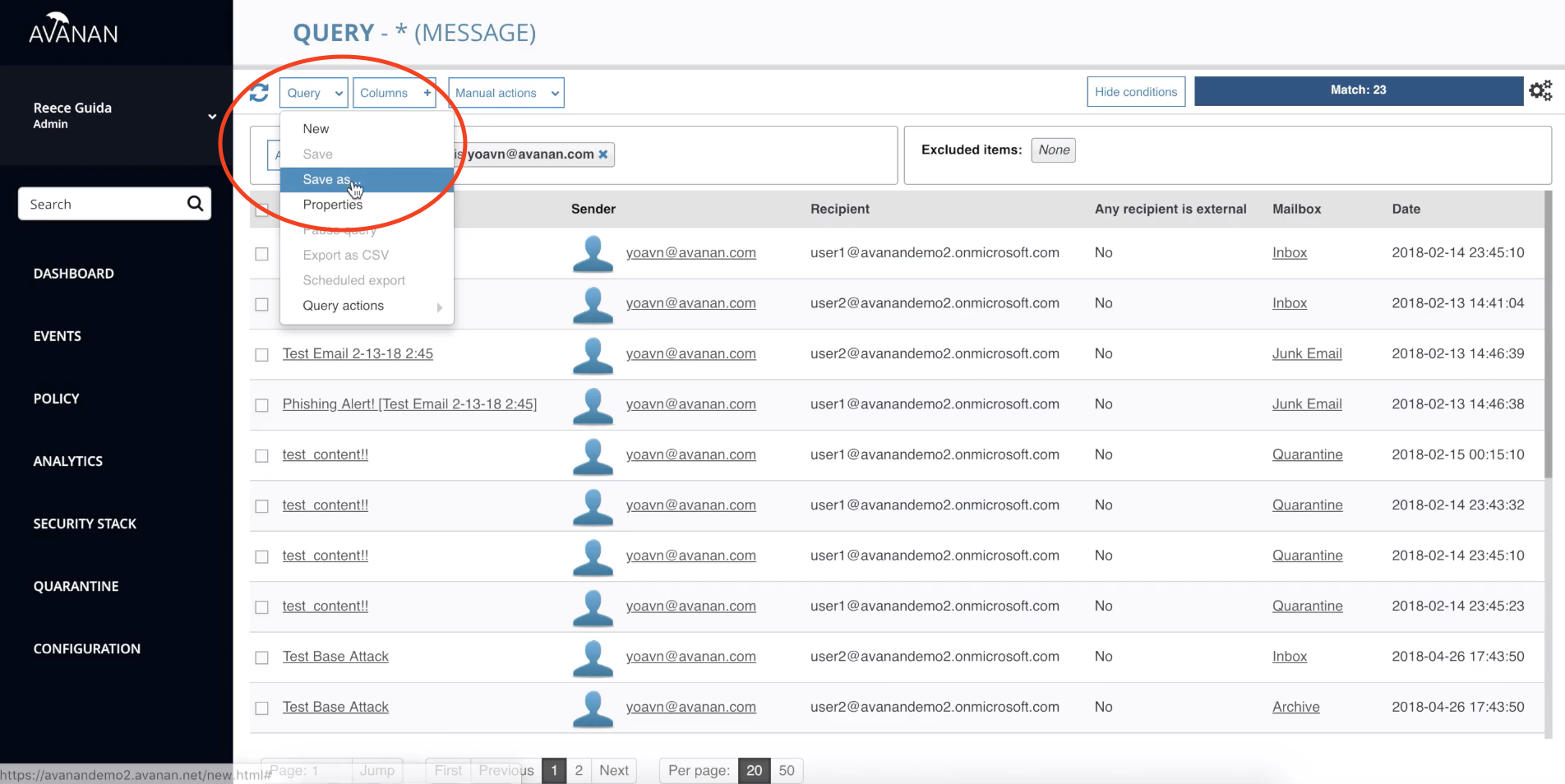 save the quarantine in Office 365